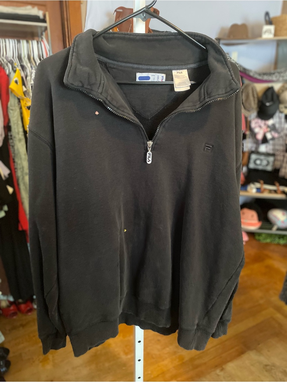 Fila Black Quarter-Zip Pullover Sweatshirt with small embroidered flowers